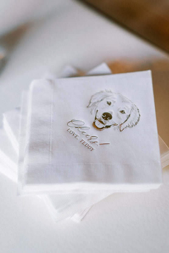 custom white napkins with the couples golden retriever