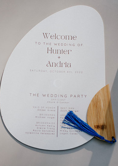 welcome pamphlet for guests that lists the wedding party