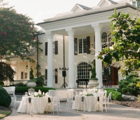 Wedding reception on the mansion's cobblestone driveway
