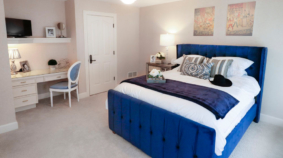 Patsy Cline Themed Bedroom with blue velvet bedframe