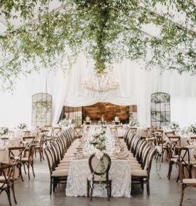 Wedding Reception setup on Sunset Terrace with greenery-covered ceiling and elegant white decor