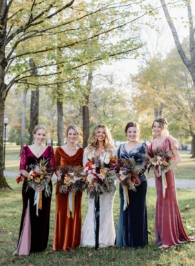 Gray with Bridesmaids Wearing Colorful Velvet Dresses