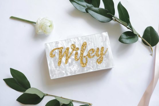 Wedding day details- white and gold wifey clutch