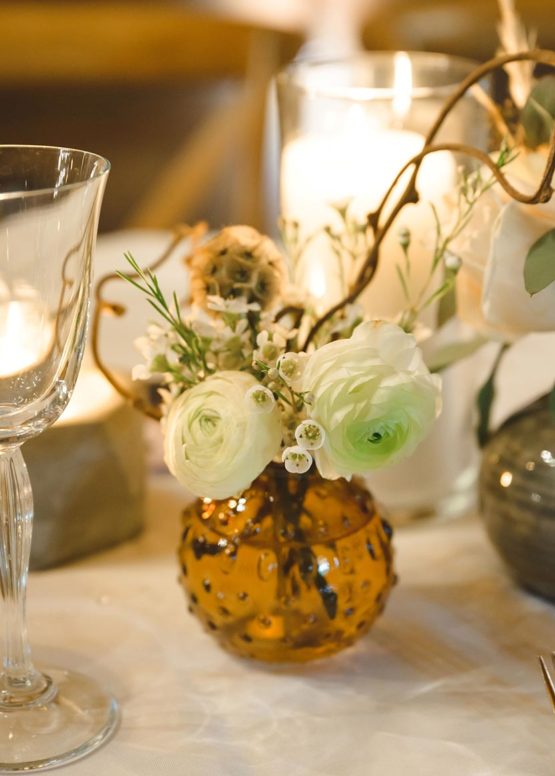 Small Floral Arrangement in Amber Hobnail Glass Bud Vase