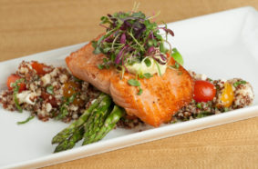Wedding catering photo of plated salmon and quinoa
