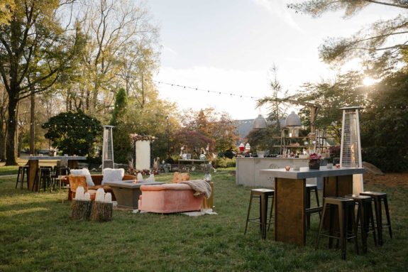 Cocktail area with lounge seating and eclectic vintage style in Serenity Gardens